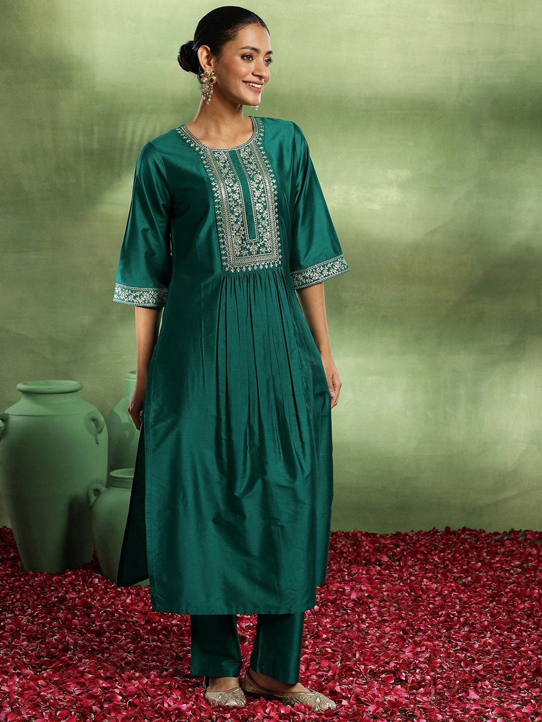 Gerua By Libas Floral Yoke Design Pleated Sequinned Kurta with Trouser
