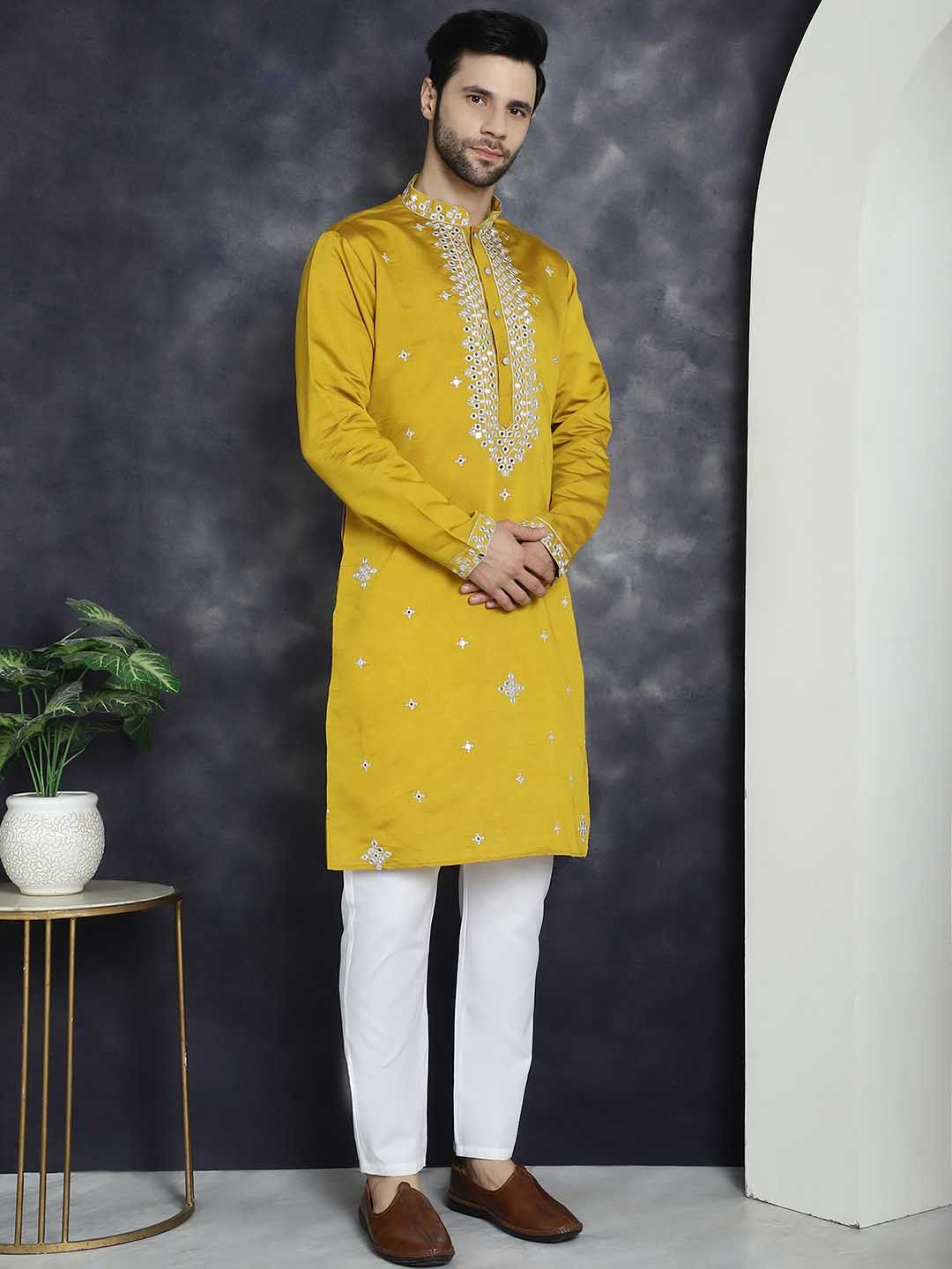 Jompers Embroidered Mandarin Collar Long Sleeves Mirror Work Kurta with Pyjamas