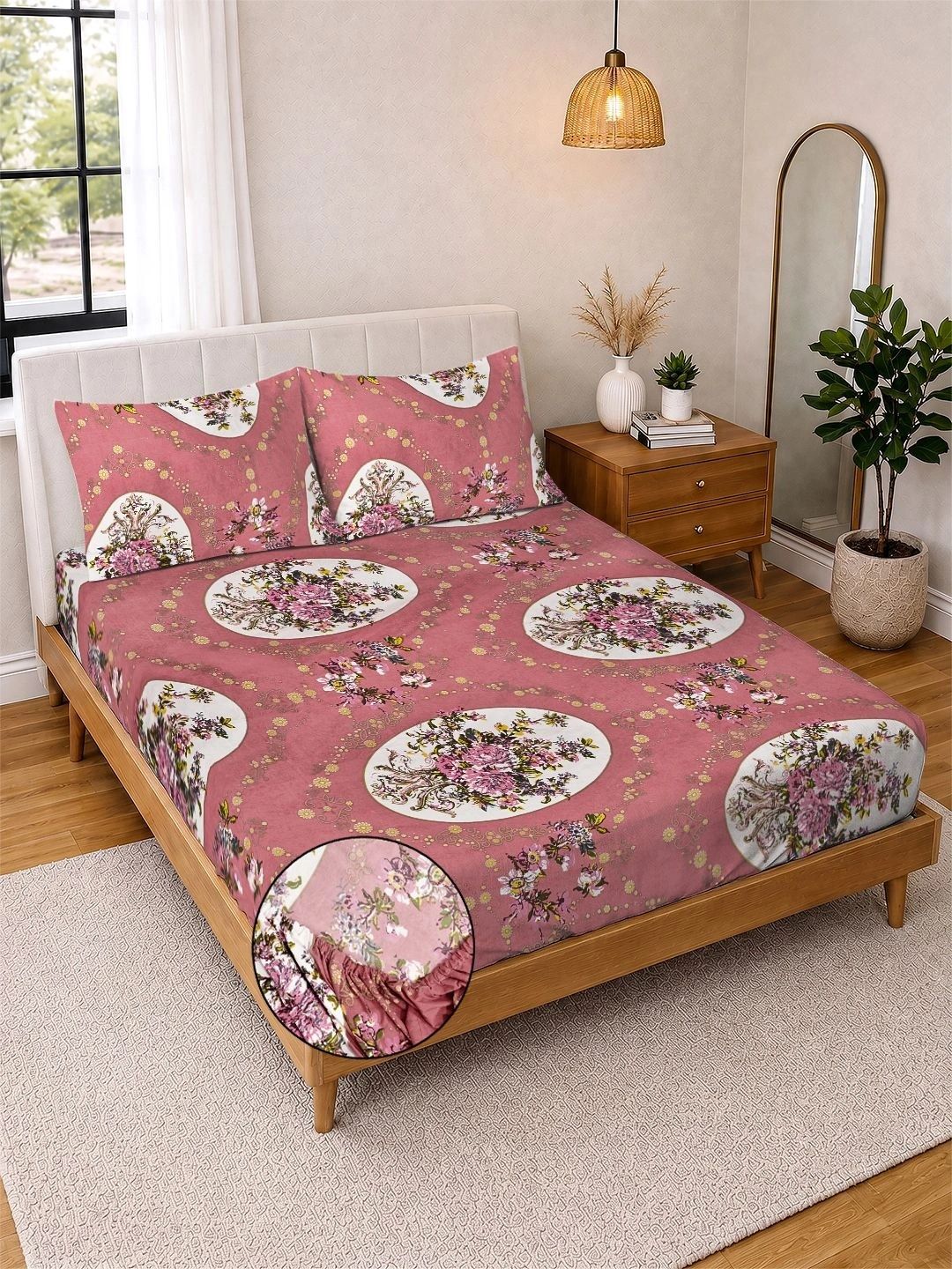 Myntra Elegant Homes Rust & Pink Floral 300 TC Cadar Katil King dengan 2 Sarung Bantal