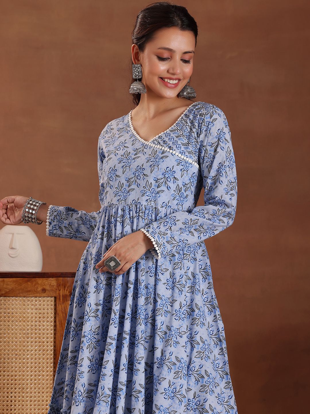 Libas Floral Printed Angrakha Pure Cotton Anarkali Kurta with Trousers & Dupatta