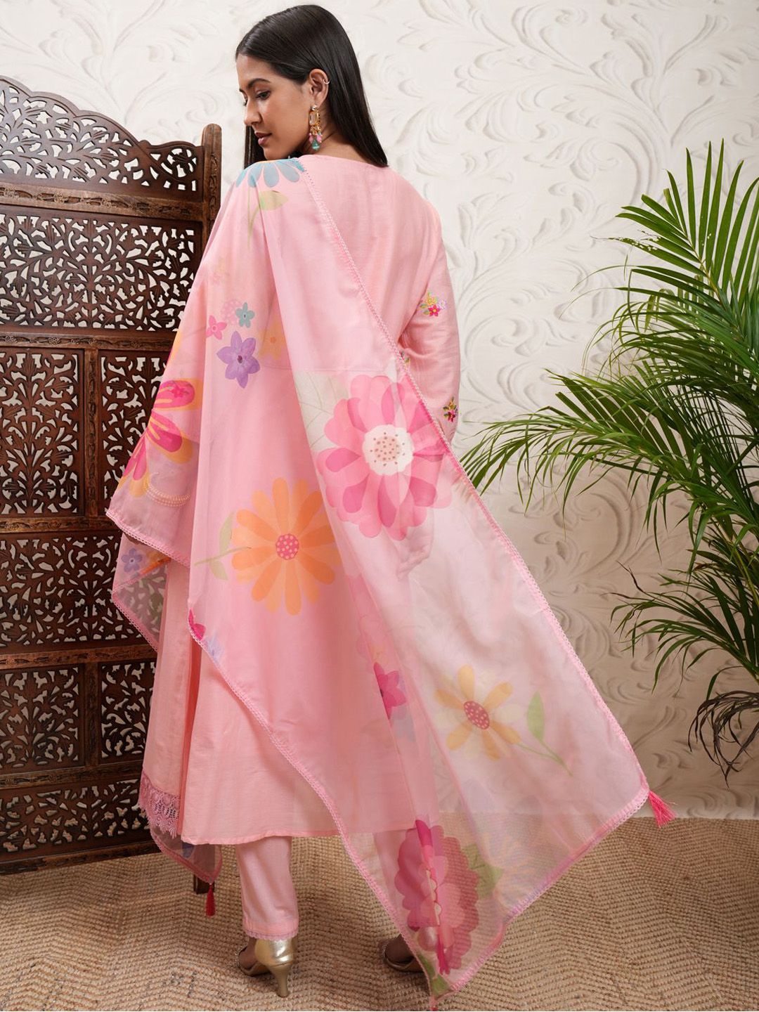 Vishudh Peach Coloured Floral Embroidered V Neck Anarkali Kurta & Trousers With Dupatta