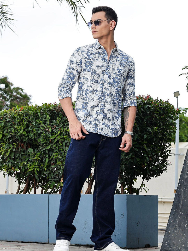 Thomas Scott Men Premium Floral Printed Spread Collar Cotton Casual Shirt