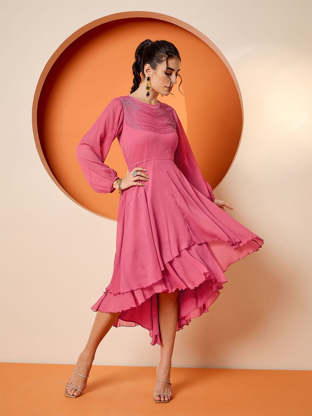 Antheaa Embellished Puff Sleeve Chiffon Fit & Flare Dress