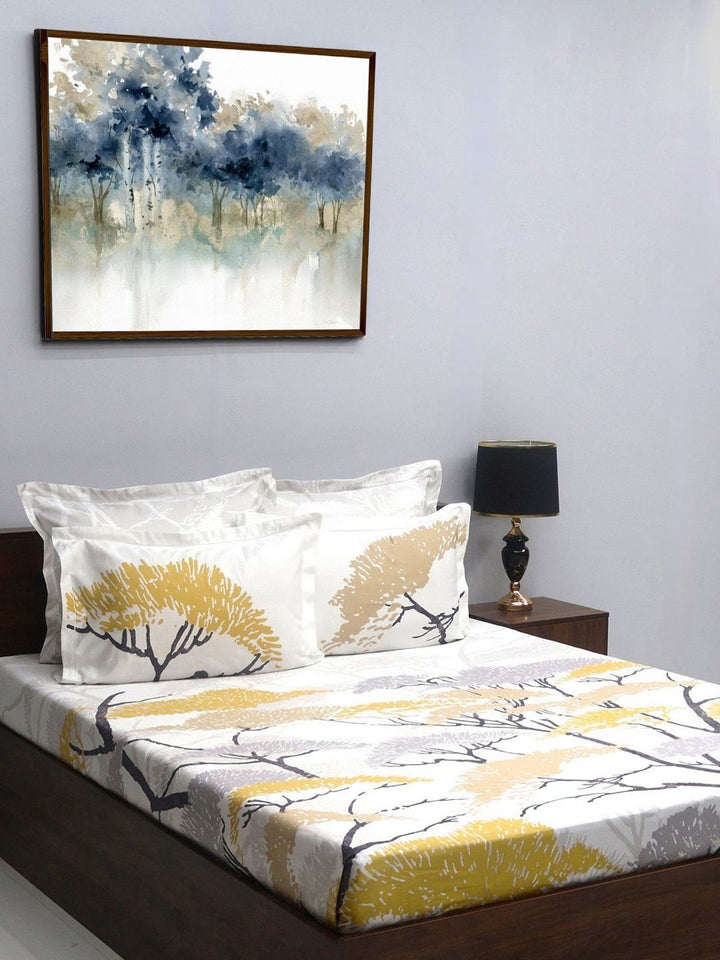 BOMBAY DYEING Urban Living Yellow Printed Cotton 400 TC King Bedsheet with 4 Pillow Covers