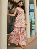 KALINI Floral Printed Sleeveless Gotta Patti Pure Cotton Straight Kurta With Sharara