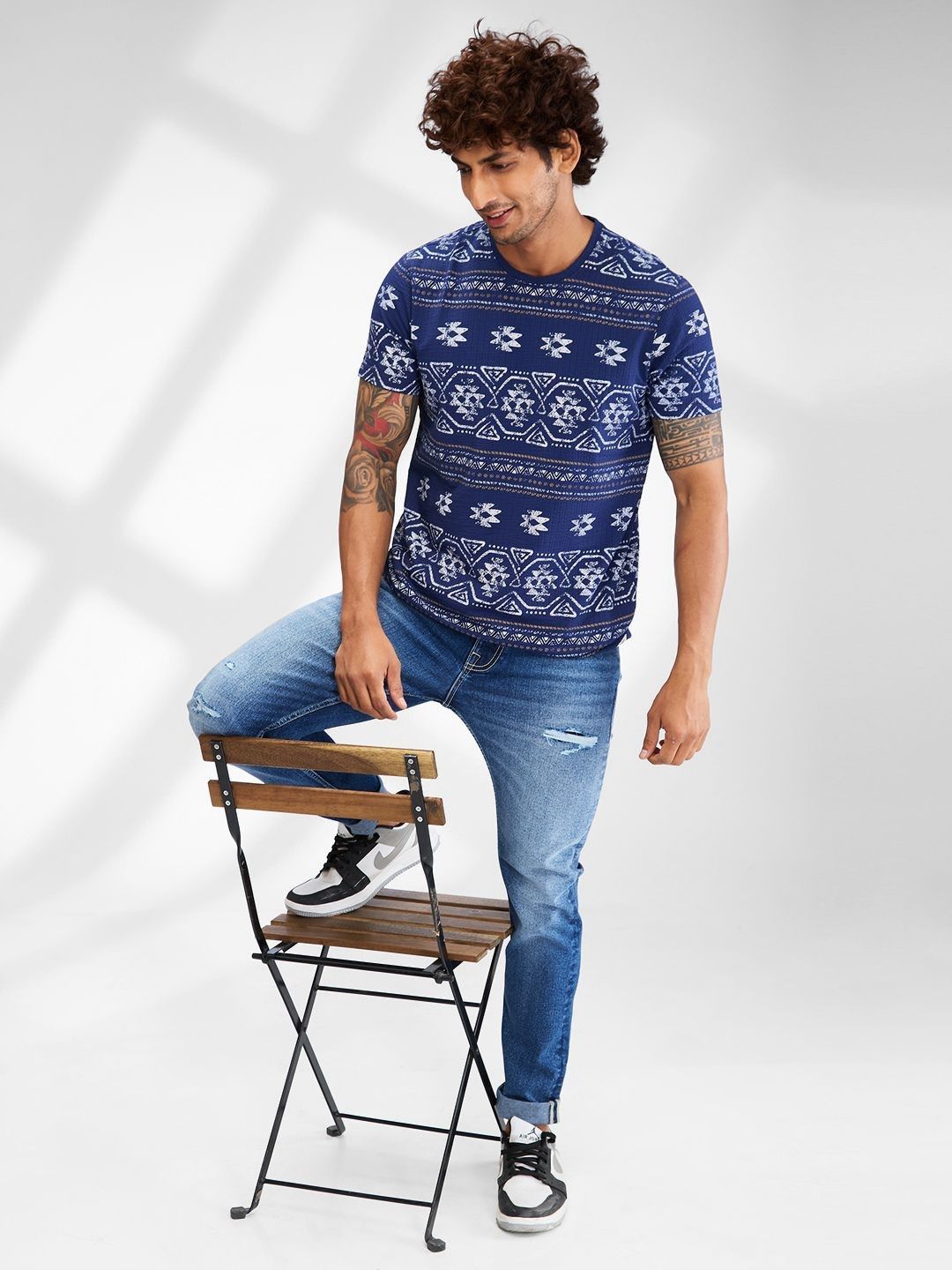 SPYKAR Tribal Printed Raw Edge Slim Fit T-shirt