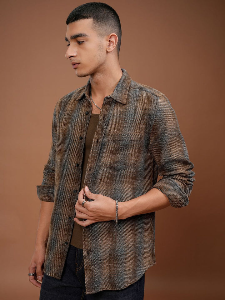 Highlander Lelaki Rose Emas Tarton Periksa Kasual Slim Fit Shirt