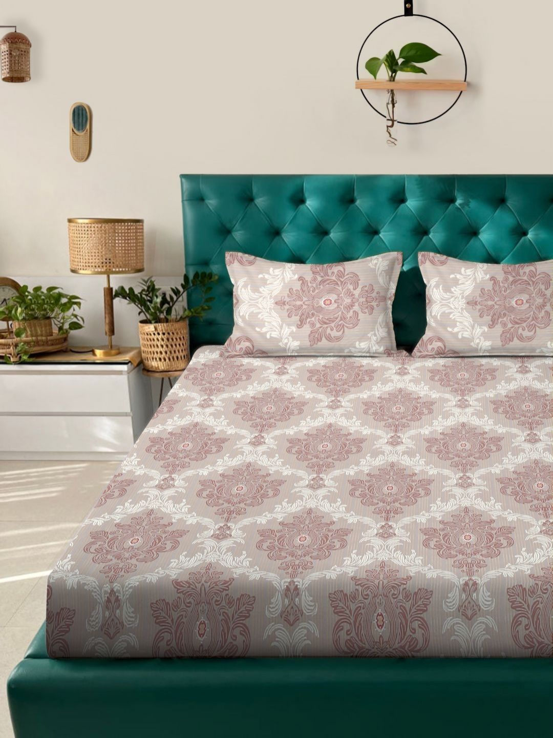 KLOTTHE Beige Ethnic Motifs Polycotton 300 TC King Fine Bedsheet with 2 Pillow Covers-98 x 89 inches