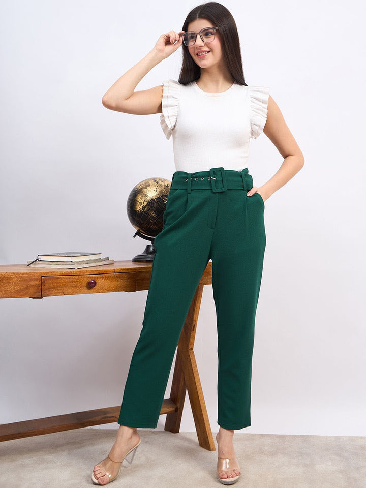 Berrylush Women High-Rise Slim Fit Formal Trousers Comes with a belt