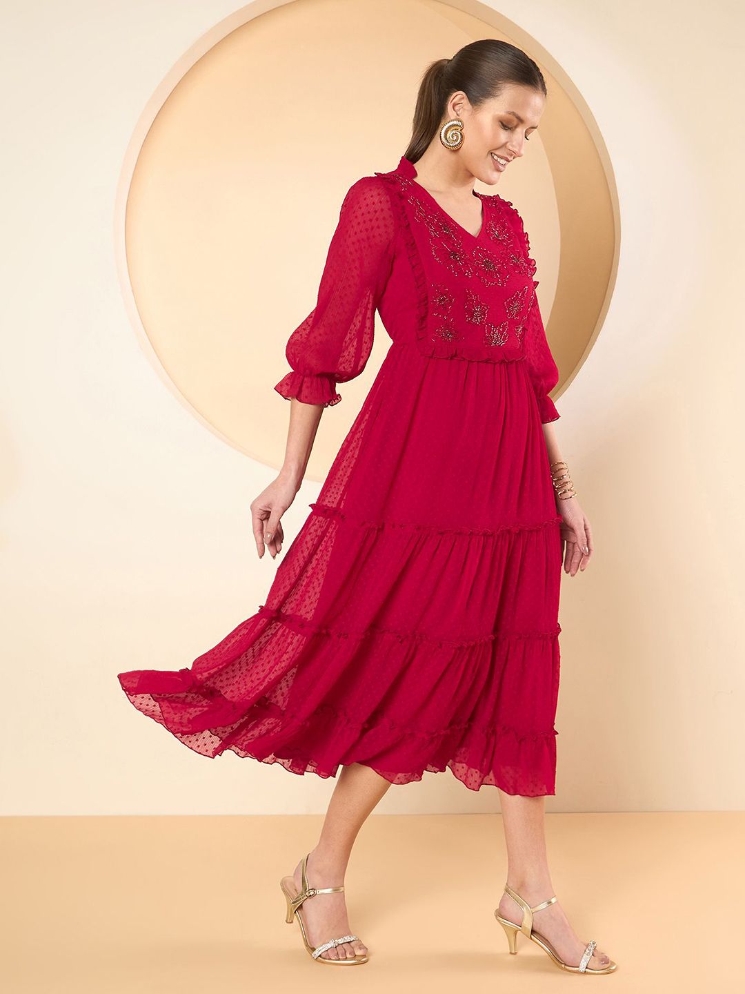 Antheaa Women Puff Sleeves Fit & Flare Midi Dress