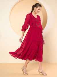 Antheaa Women Puff Sleeves Fit & Flare Midi Dress