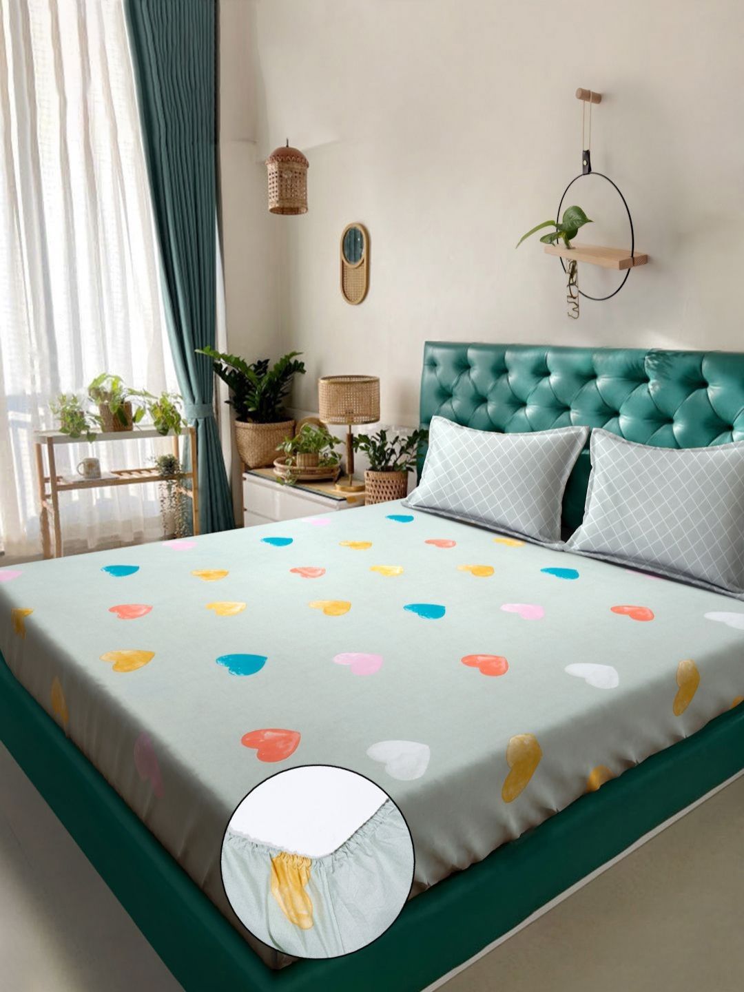 KLOTTHE Bercetak Abstrak Hijau Dilengkapi Cadar Katil King Double 300 TC Dengan 2 Sarung Bantal