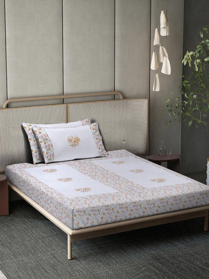 Myntra Elegant Homes White Floral Printed Pure Cotton 400 TC Single Bedsheet Set 88" x 59"