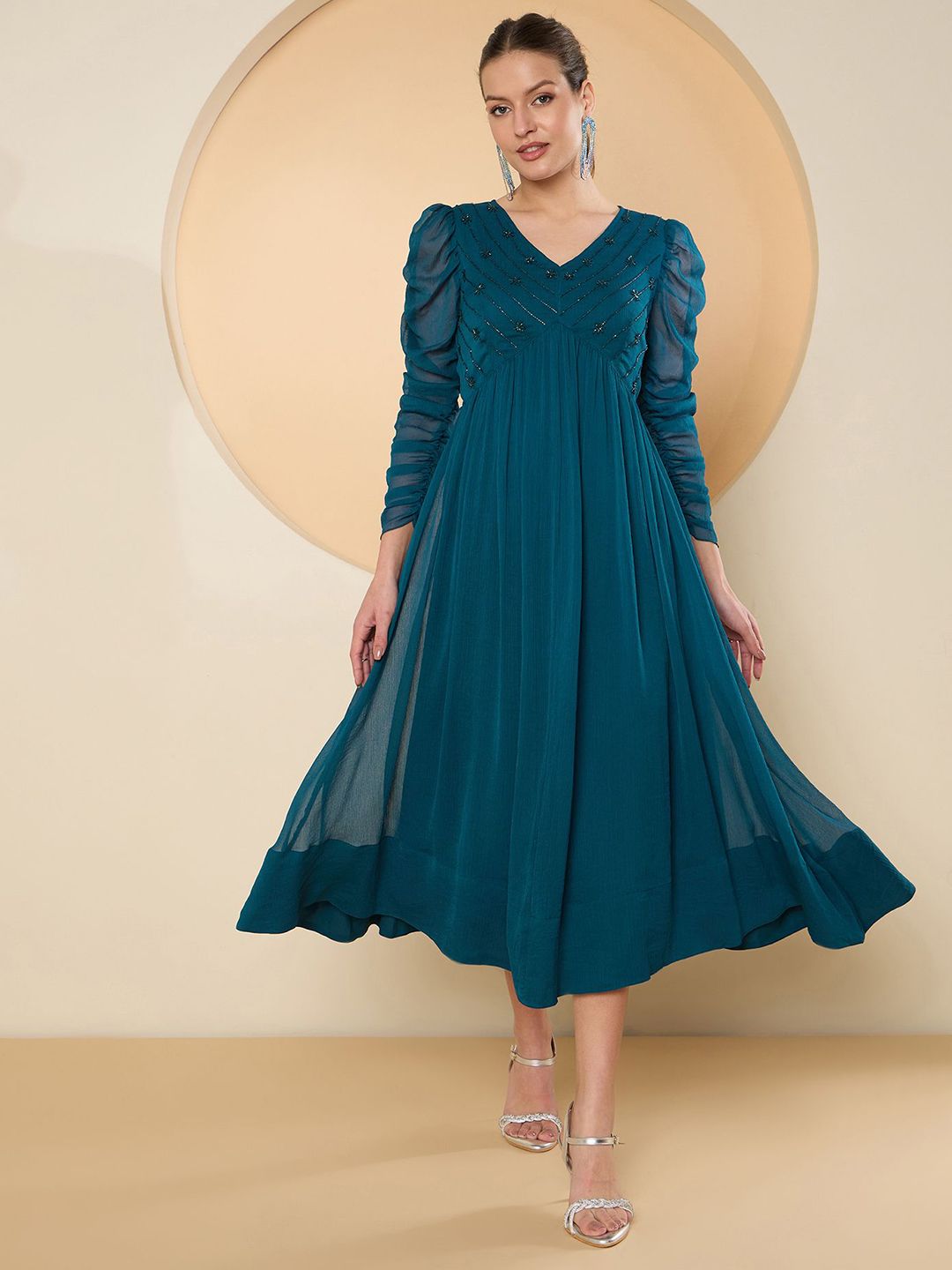 Antheaa Puff Sleeve Chiffon Embellished A-Line Midi Dress