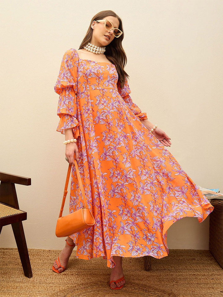 SASSAFRAS Floral Print Flutter Sleeve Georgette Fit & Flare Maxi Dress