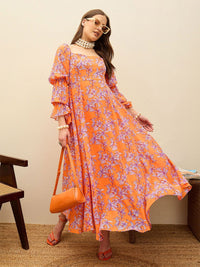 SASSAFRAS Floral Print Flutter Sleeve Georgette Fit & Flare Maxi Dress