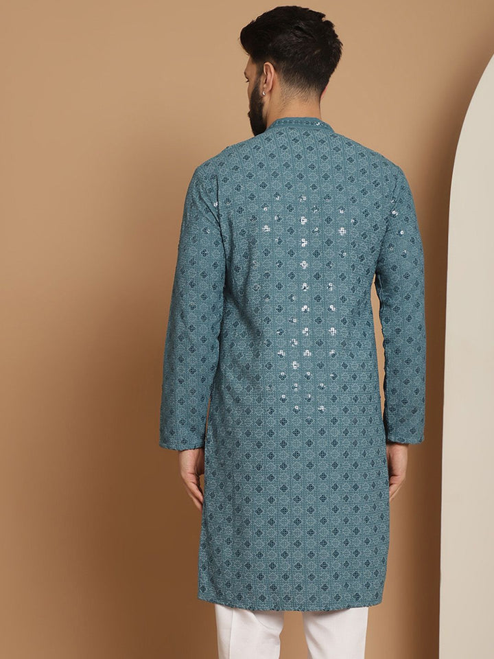 Anouk Men Blue Geometric Mirror Work Kurta