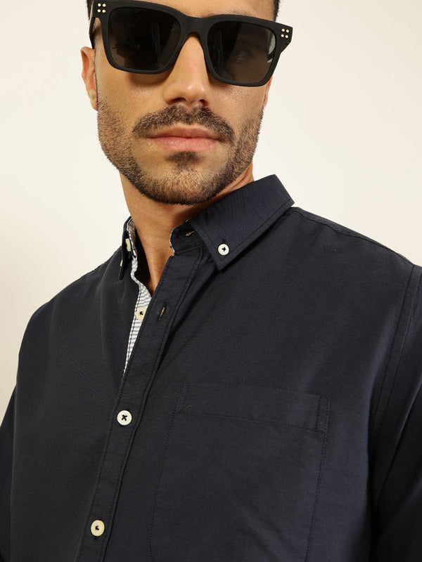 Thomas Scott Men Premium Button-Down Collar Pepejal Kapas Murni Slim Shirt Shirt