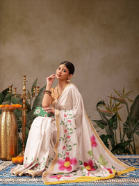 Silk Land Onam Special Floral Printed Kasavu Silk Saree