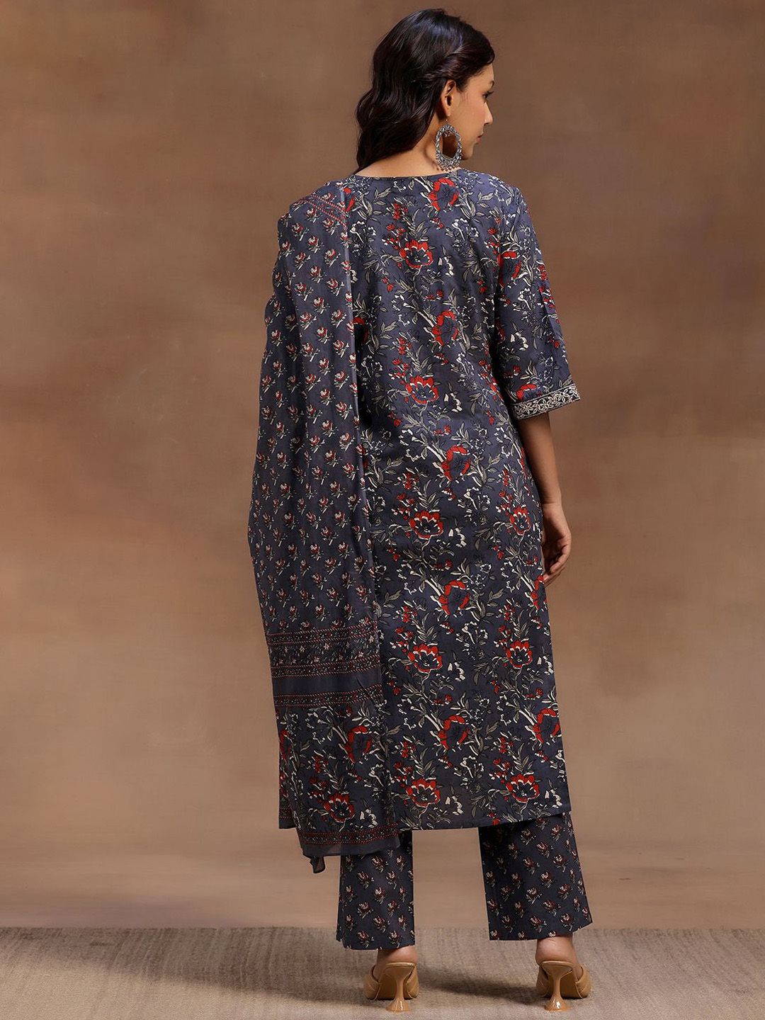 Libas Floral Printed Pure Cotton Straight Kurta With Trouser & Dupatta