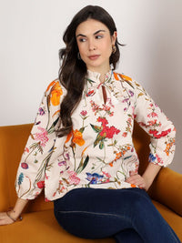 Mamicha Floral Print Tie-Up Neck Ruffles Cotton Top