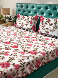 KLOTTHE Green & Pink Floral 300-Thread Count 7D-King Size Bedsheet With 2-Pillow Covers