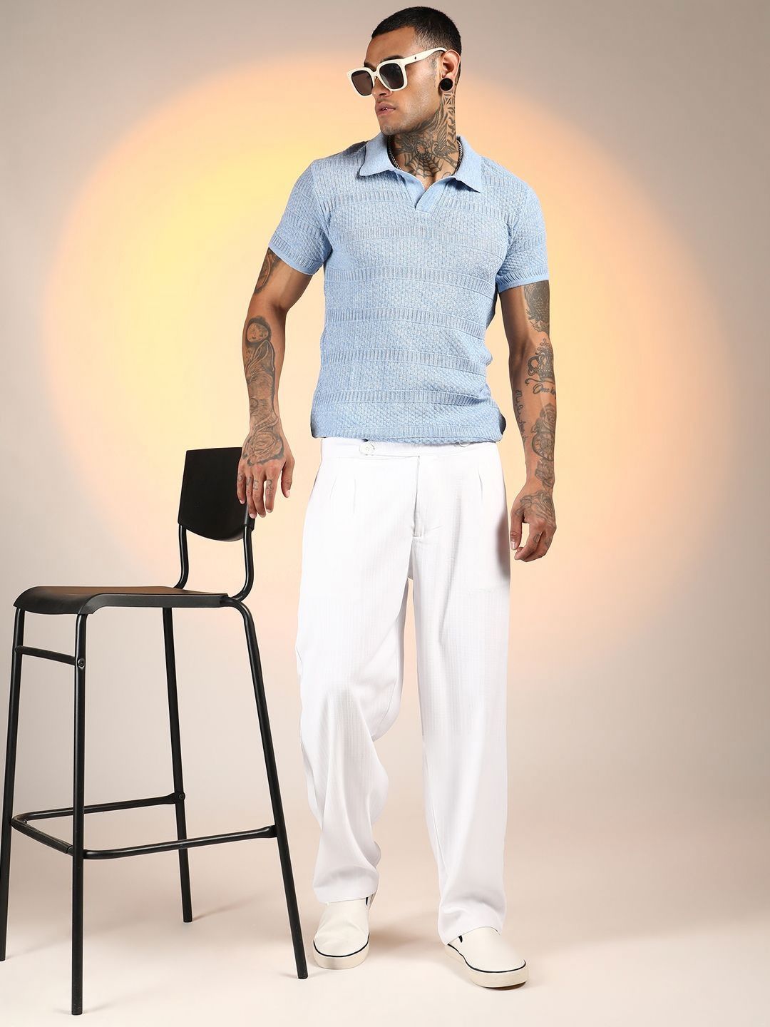Campus Sutra Men Self Design Polo Collar Cotton T-shirt