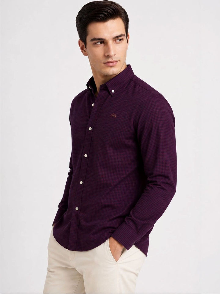 ADRO Men Maroon & Navy Mini Checked Regular Fit Casual Cotton Shirt