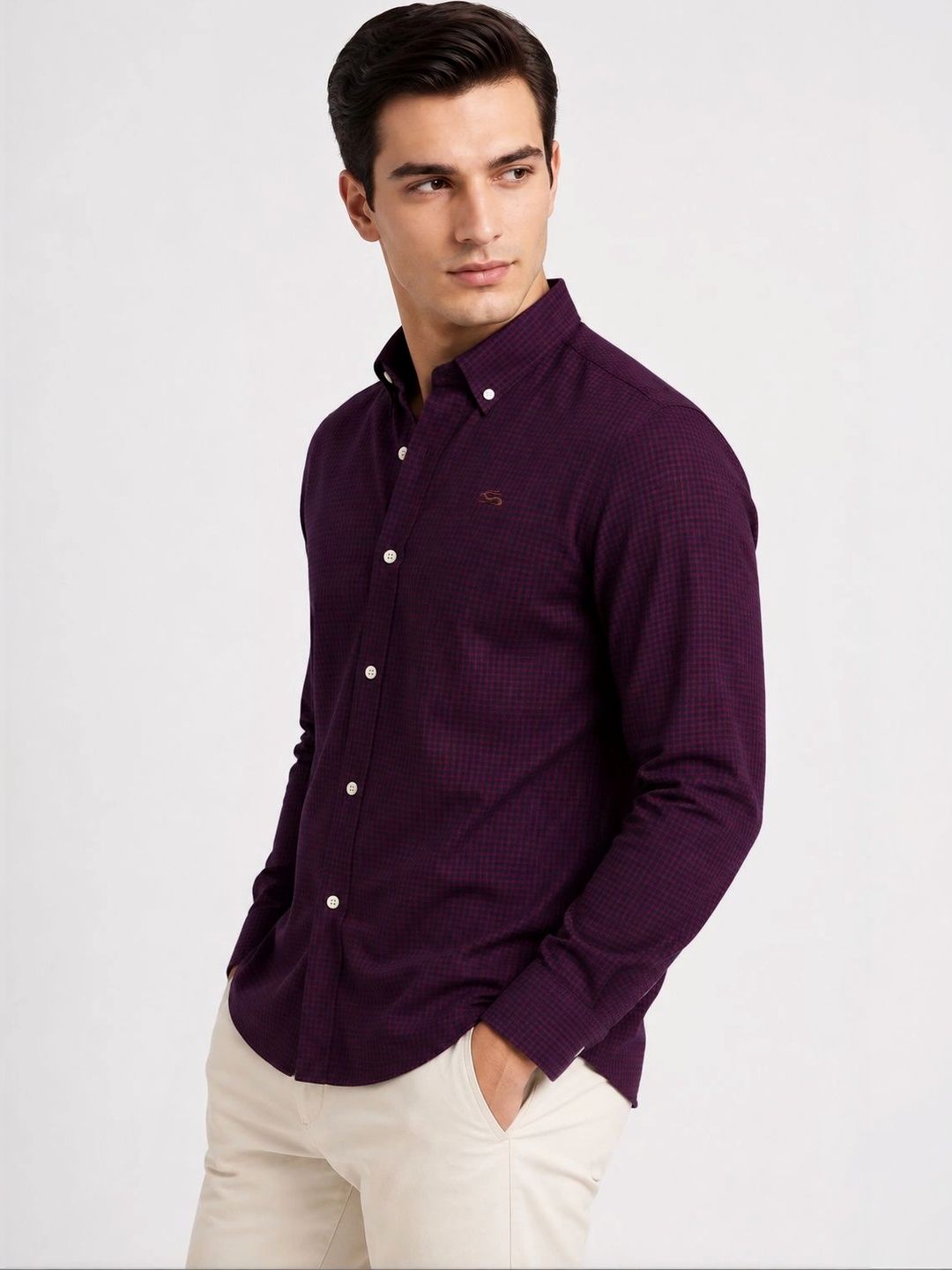 ADRO Men Maroon & Navy Mini Checked Regular Fit Casual Cotton Shirt