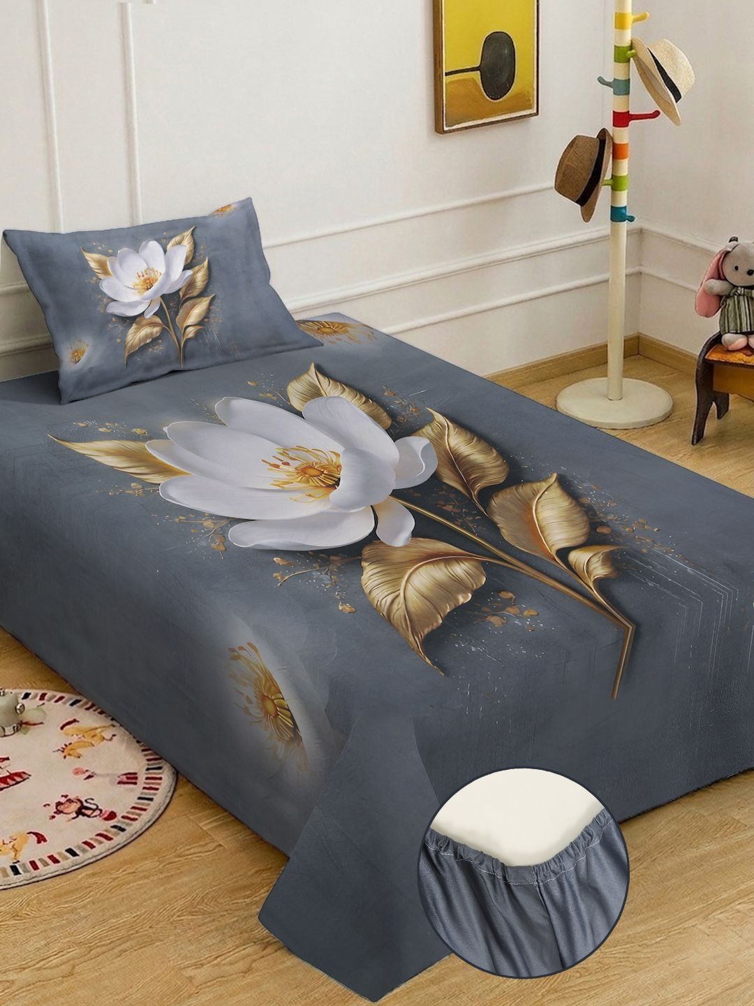 KLOTTHE Grey & White Floral Fitted 400 TC Single 7D Bedsheet with 1 Pillow Covers