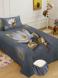 KLOTTHE Grey & White Floral Fitted 400 TC Single 7D Bedsheet with 1 Pillow Covers