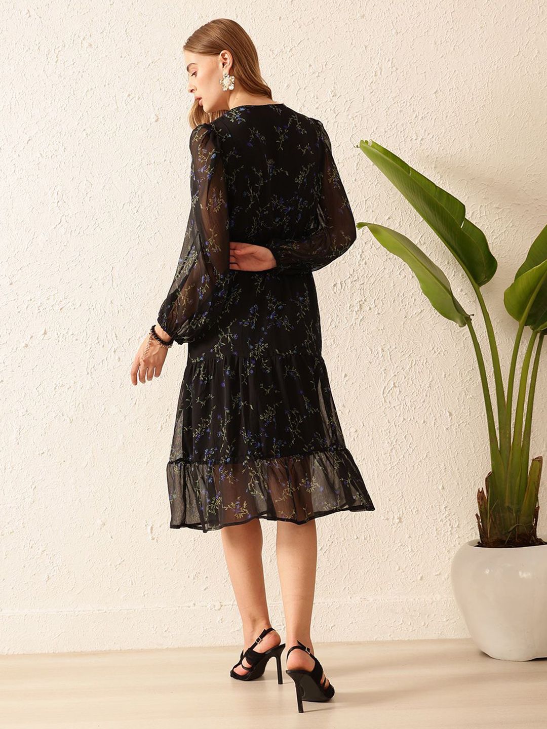 STREET 9 Floral Printed Puff Sleeves A-Line Midi Dress
