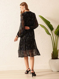 STREET 9 Floral Printed Puff Sleeves A-Line Midi Dress
