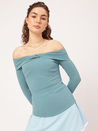 DressBerry Cutesy Knot Off-Shoulder Textured Knit Bardot Top
