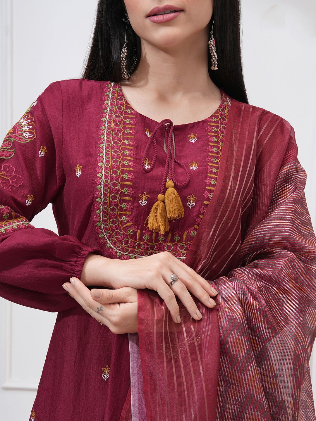 Vishudh Floral Embroidered Tie-Up Neck Thread Work Anarkali Kurta With Trouser And Dupatta