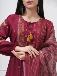 Vishudh Floral Embroidered Tie-Up Neck Thread Work Anarkali Kurta With Trouser And Dupatta