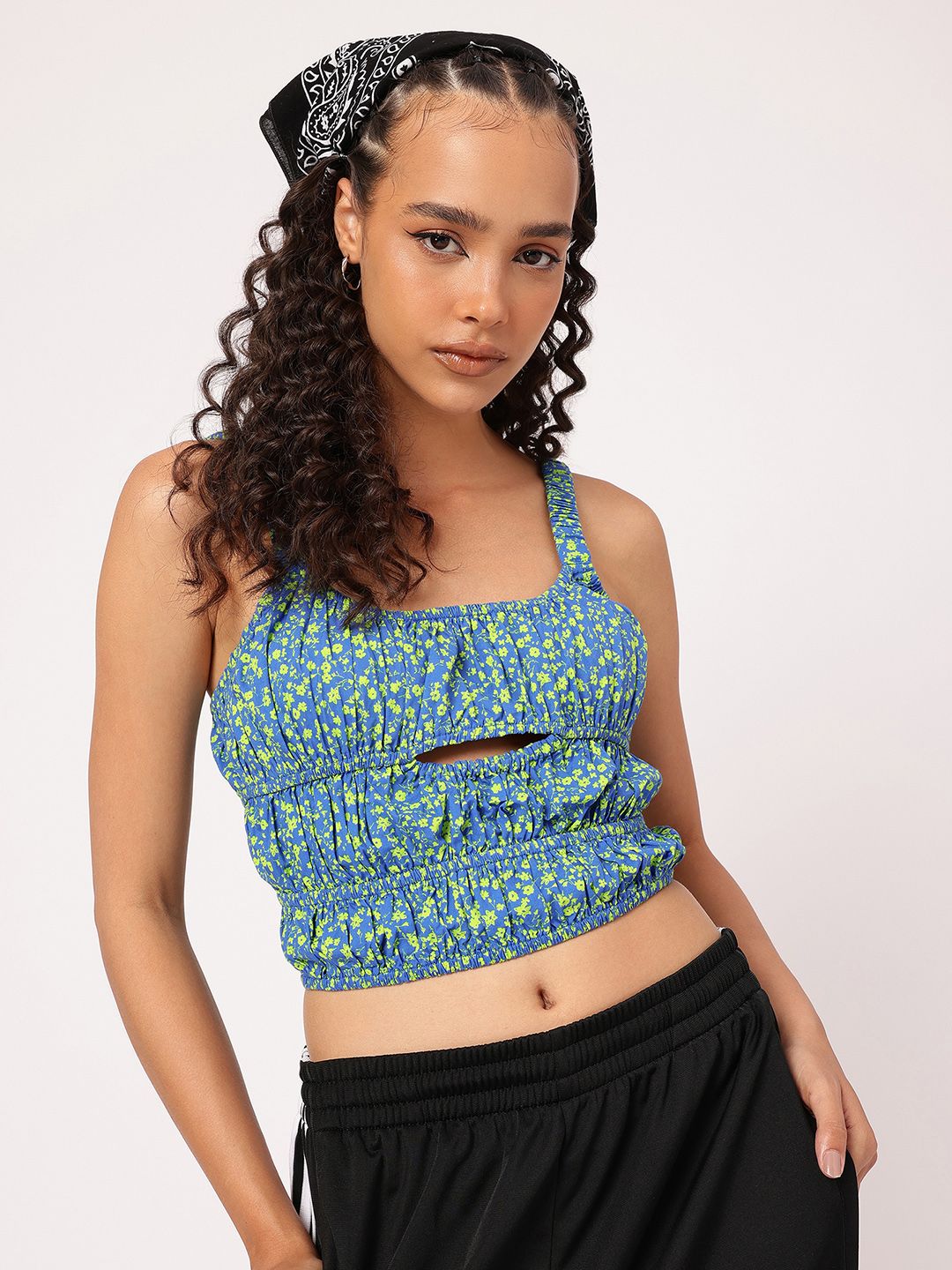 DressBerry Floral Blossom Cut-Out Smocked Crop Top