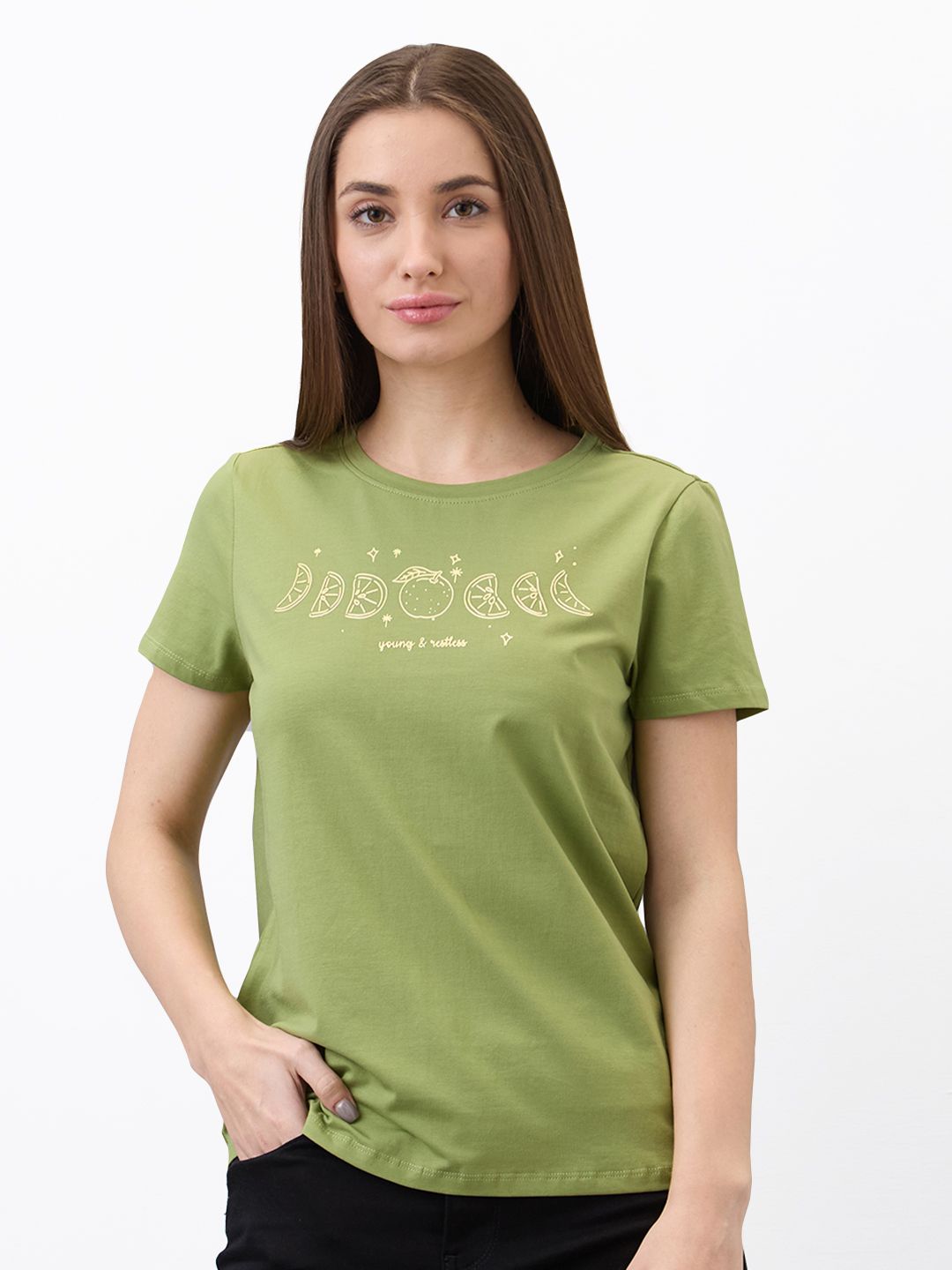 SPYKAR Women Regular Fit Graphic Printed Round Neck Cotton T-shirt