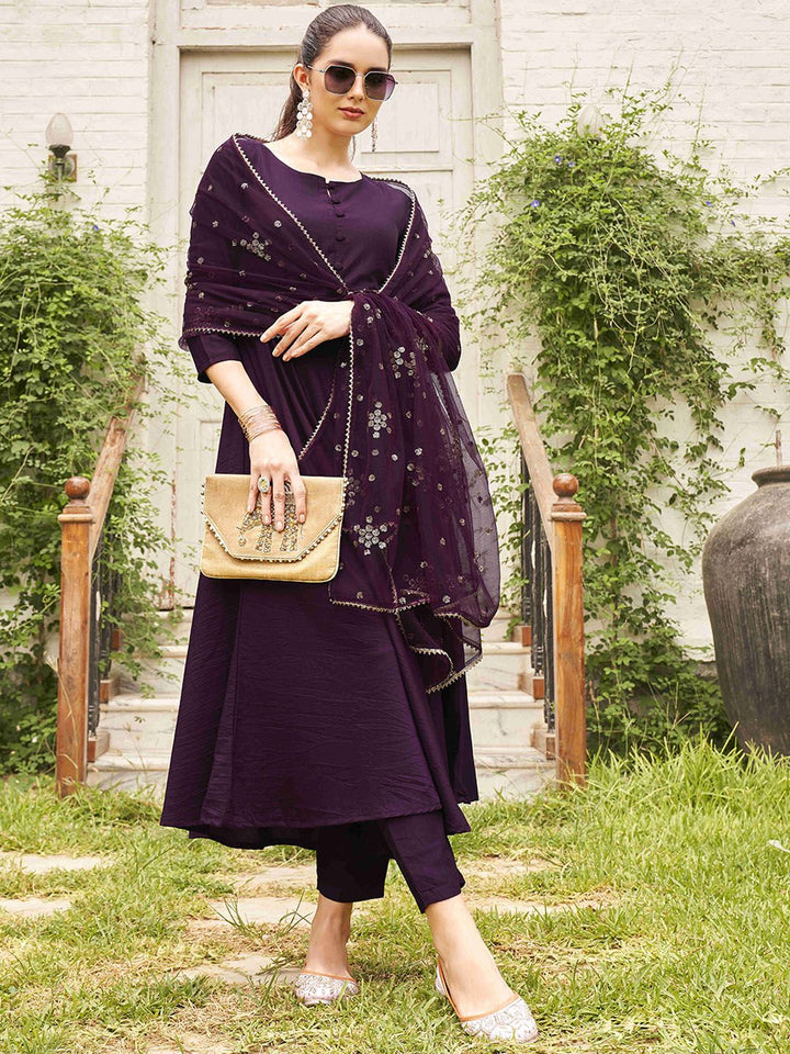 Tikhi Imli Round Neck Anarkali Kurta with Trousers & Dupatta