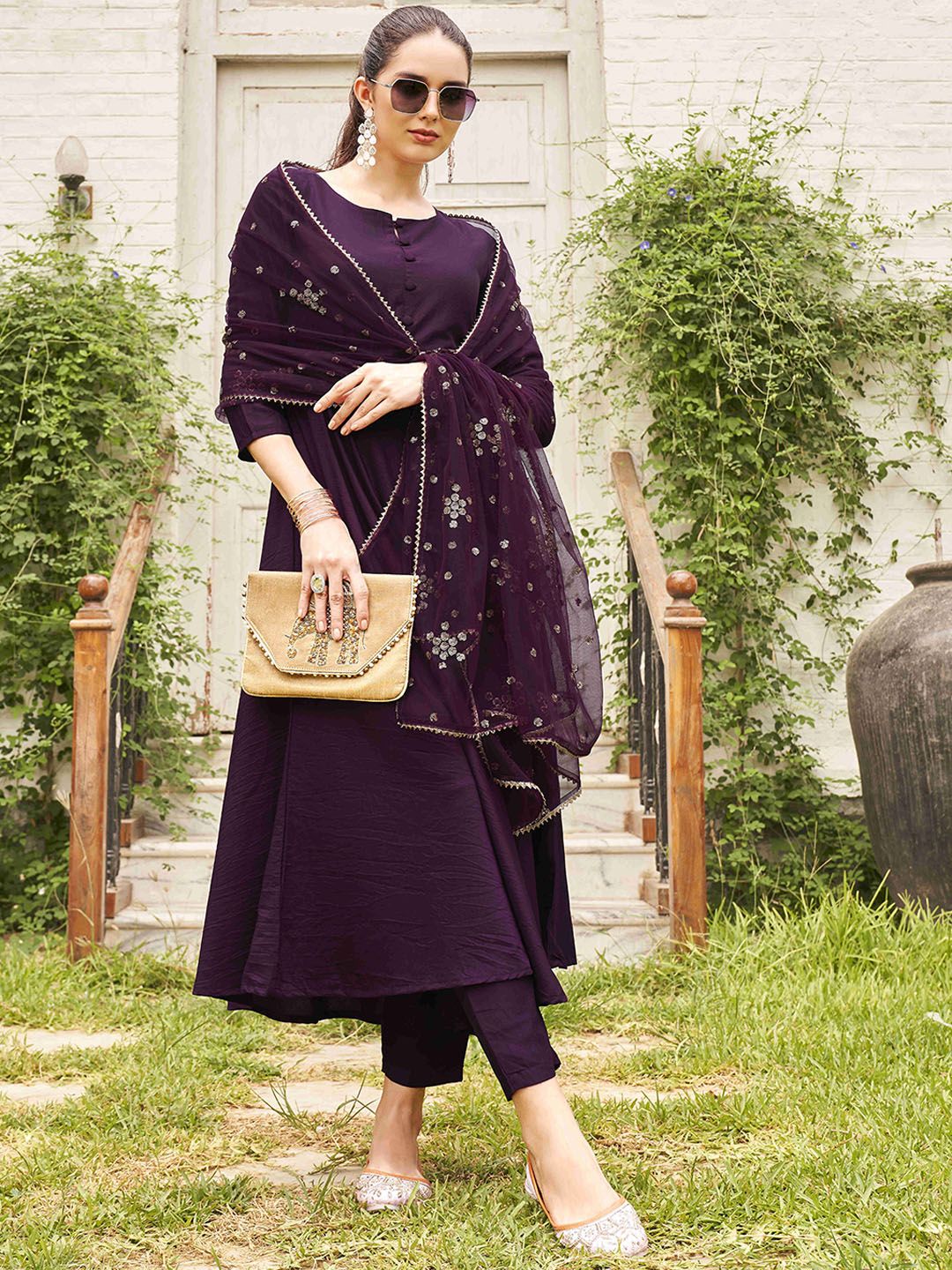 Tikhi Imli Round Neck Anarkali Kurta with Trousers & Dupatta