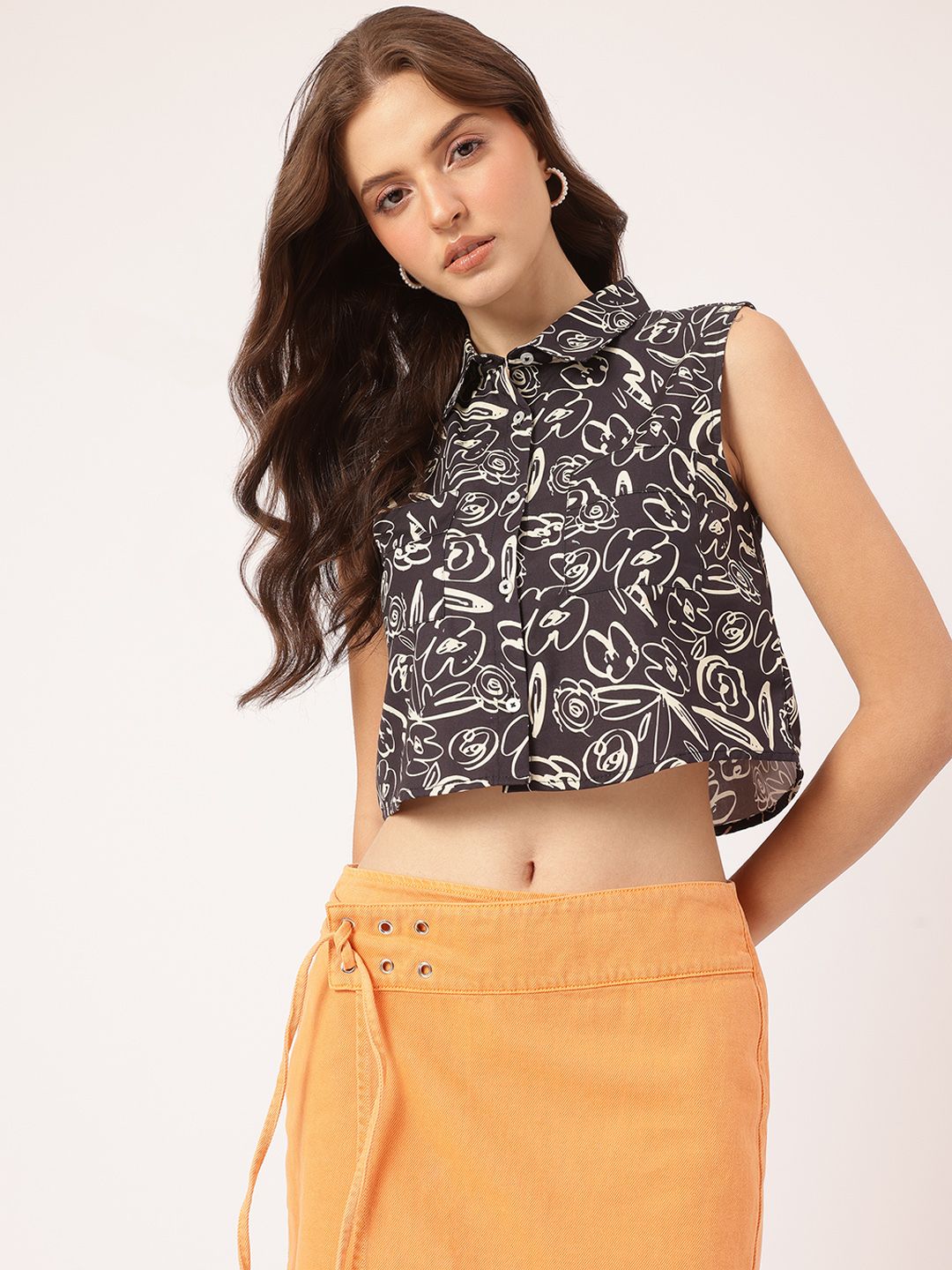 DressBerry Playful Whirl Printed Crop Shirt-Style Top