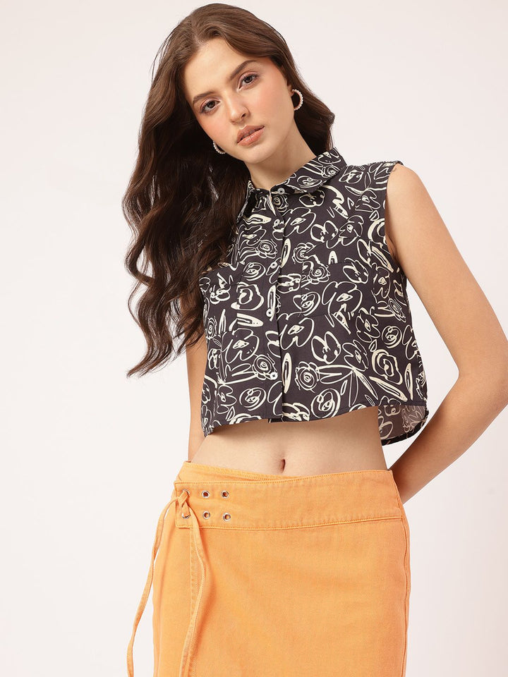DressBerry Playful Whirl Printed Crop Shirt-Style Top