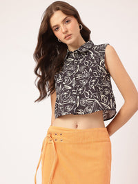 DressBerry Playful Whirl Printed Crop Shirt-Style Top