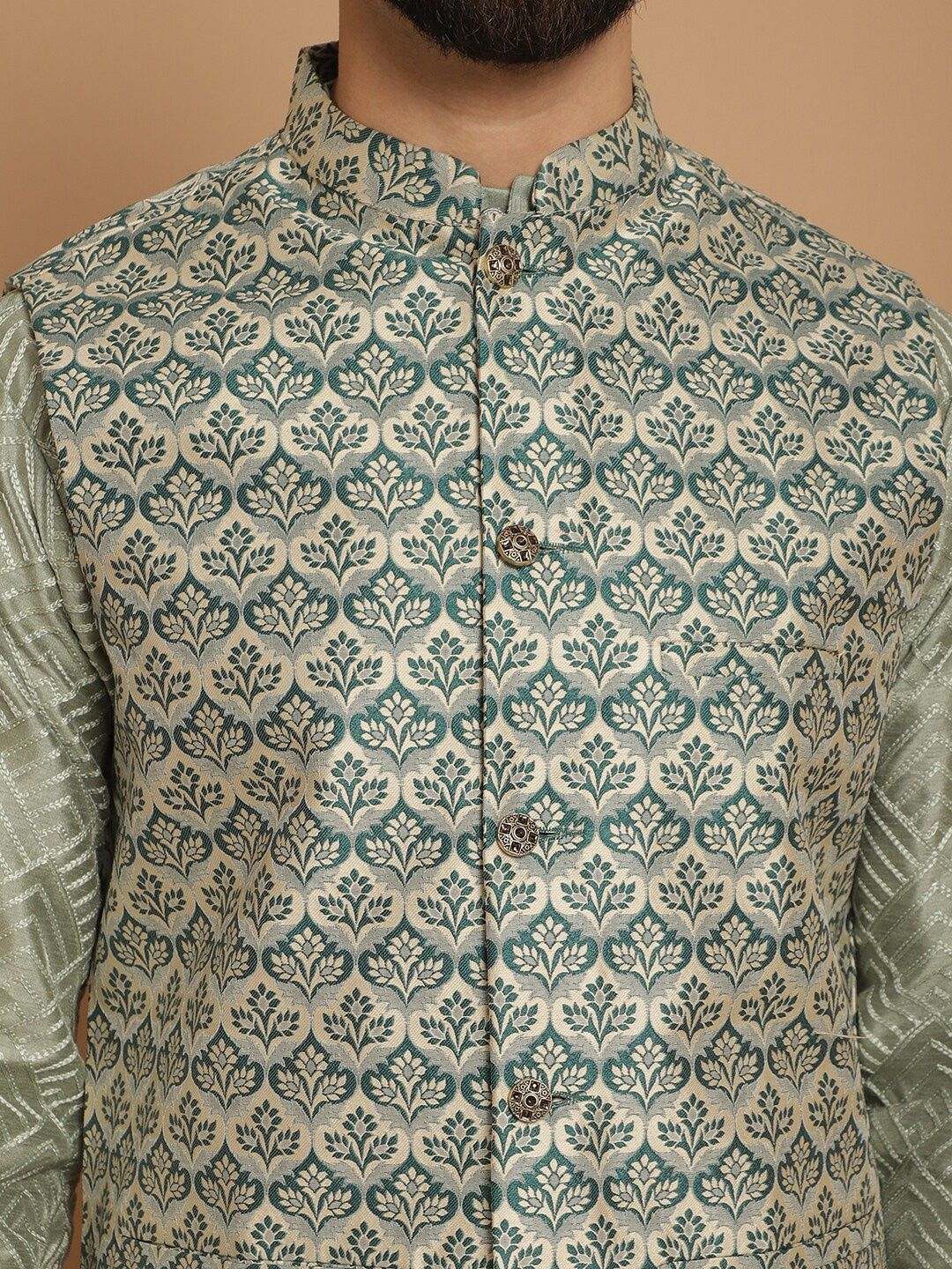 Anouk Mandarin Collar Embroidered Knee Length Regular Thread Work Kurta with Churidar
