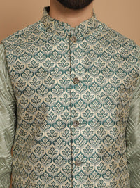 Anouk Mandarin Collar Embroidered Knee Length Regular Thread Work Kurta with Churidar