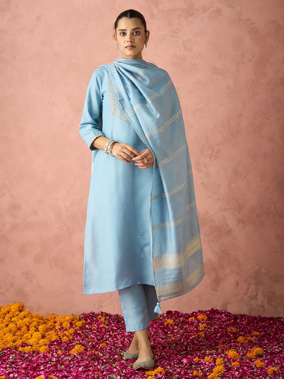 KALINI Floral Yoke Design Straight Thread Work Kurta with Trousers & Dupatta