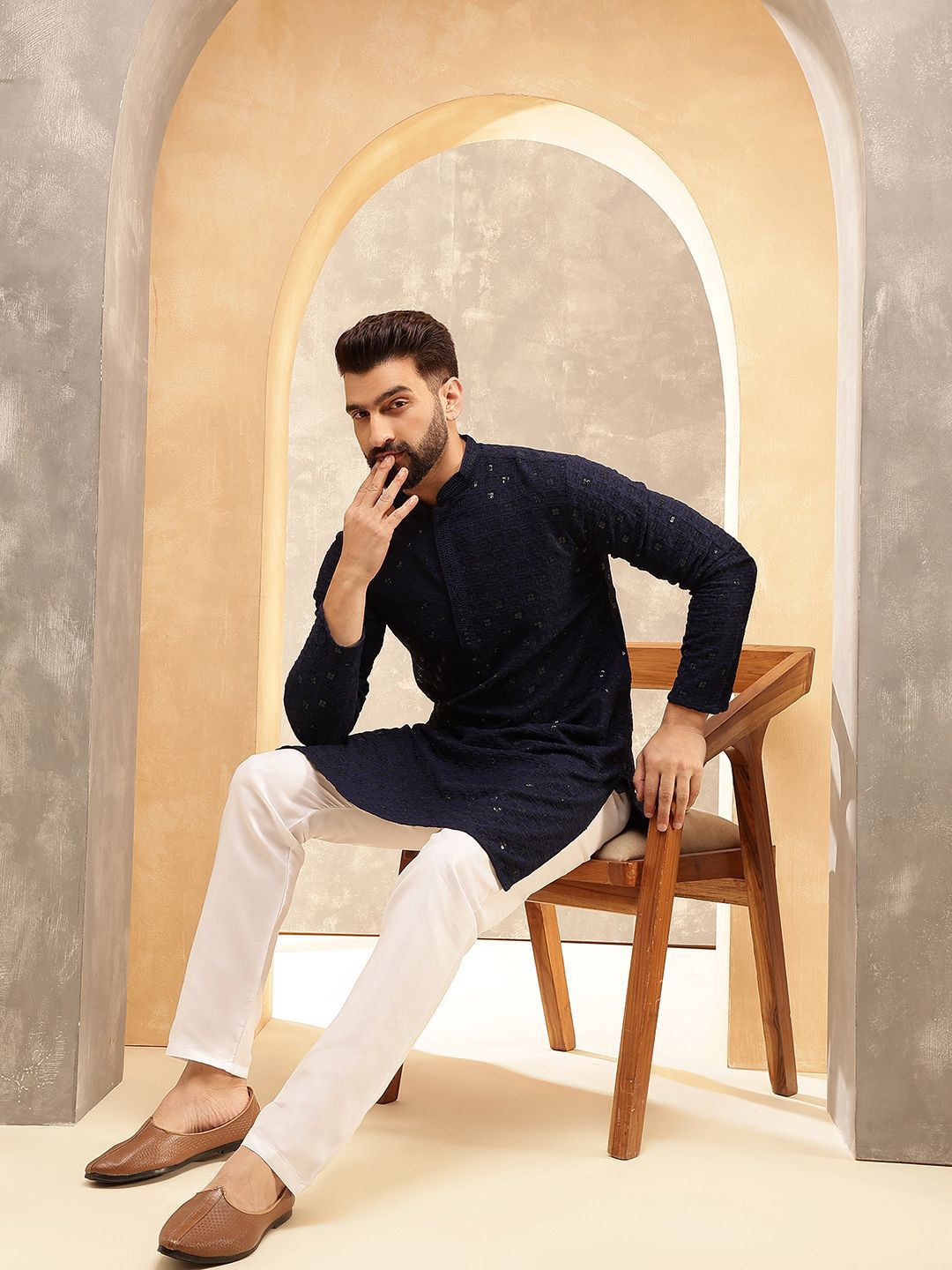 Anouk Navy Blue Floral Embroidered Mandarin Collar Sequins Straight Kurta
