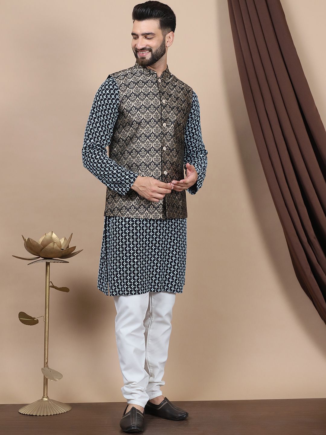 Anouk Geometric Embroidered Regular Cotton Straight Kurta With Churidar & Nehru Jacket