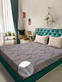 KLOTTHE Grey Leaf Polycotton 300 TC Fitted King Fine Bedsheet dengan 2 Sarung Bantal-250 x 225 cm