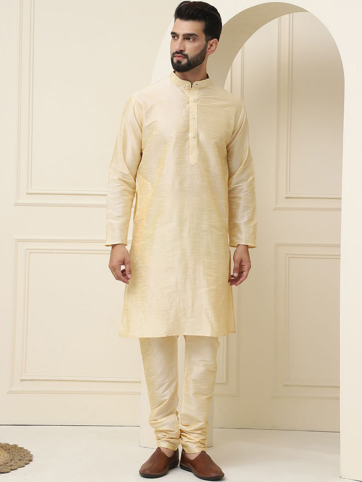 SOJANYA Mandarin Collar Zari Silk Cotton Straight Kurta with Pyjamas & Nehru jacket